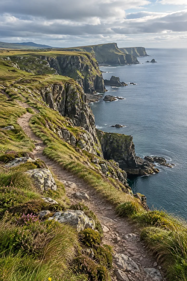 Walking trail along grassy cliffs above the sea