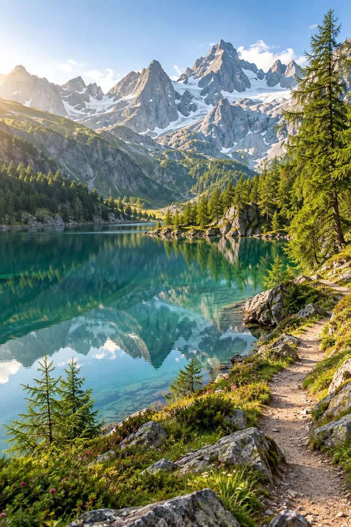 Alpine lake reflecting mountains and summer forest