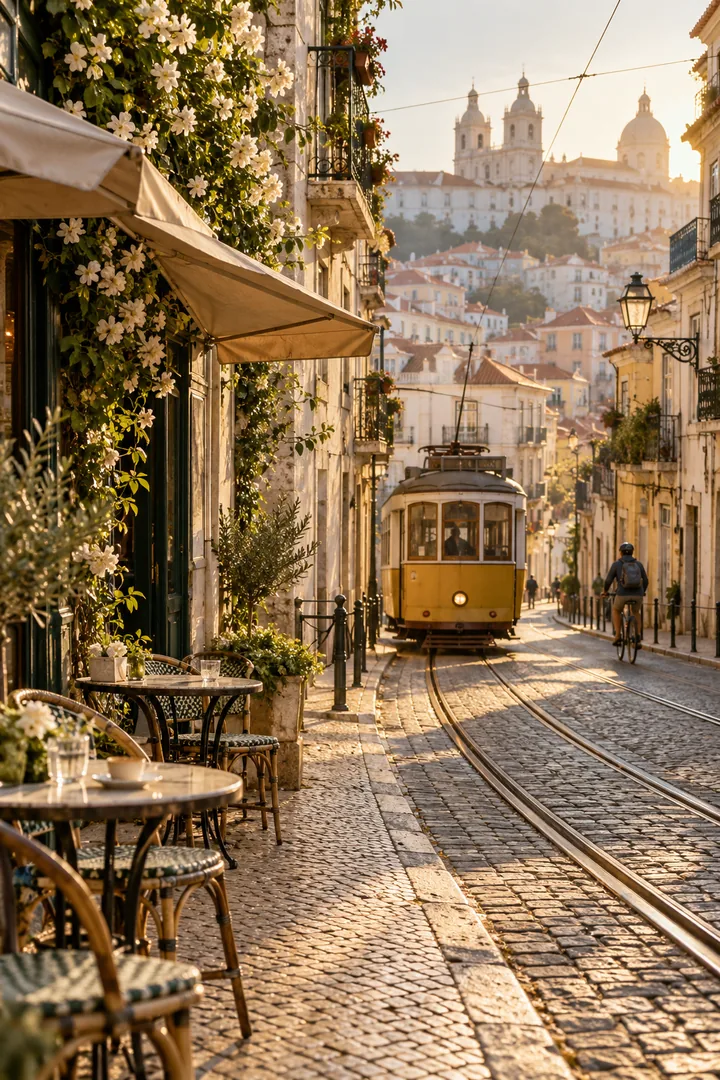 Tram on a cobbled European street in warm morning light